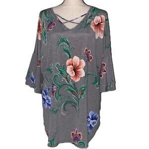 Perfectly Priscilla women's XL pullover grey floral v-neck criss cross top NWOT